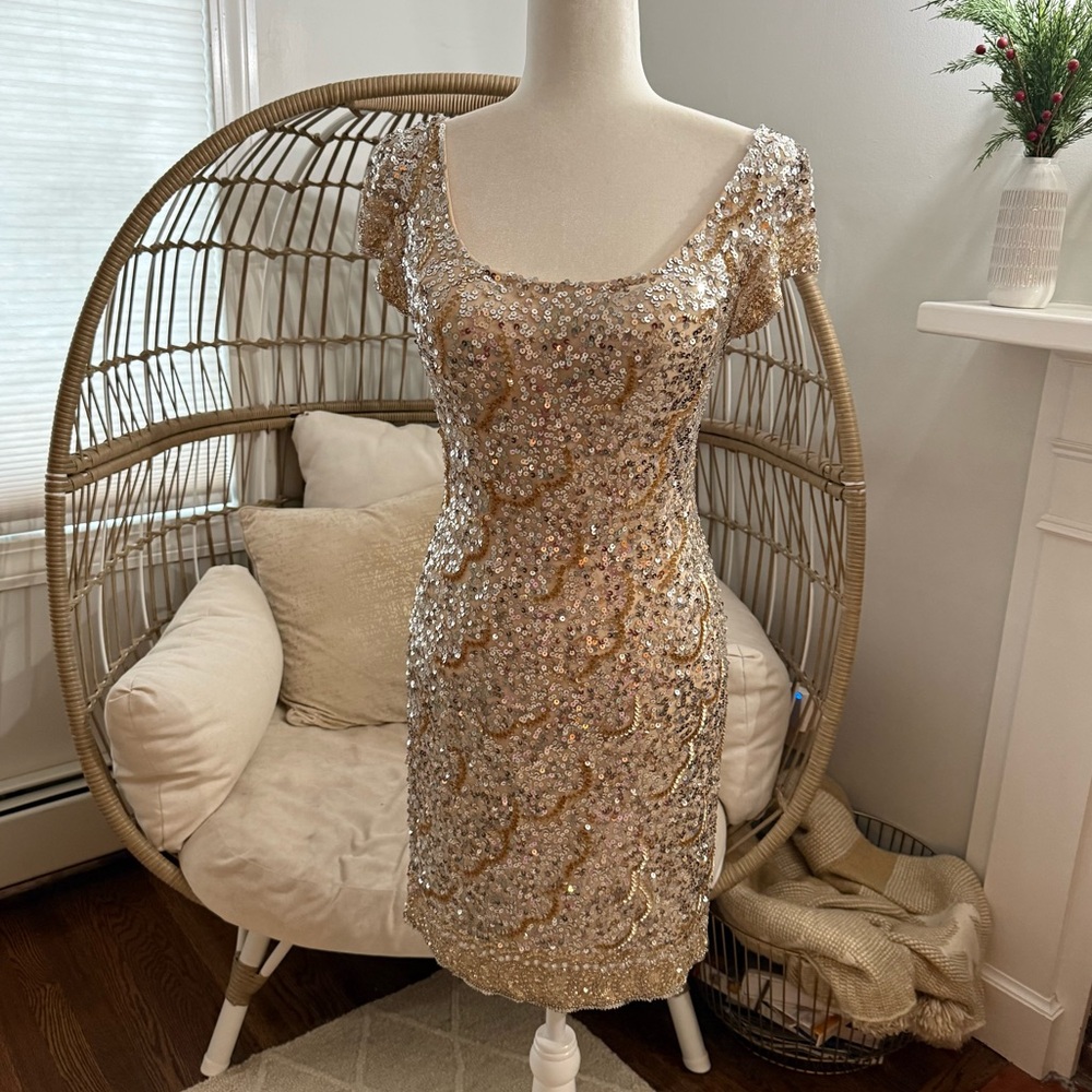 Scala Gold Sequin Open Back Silk Cocktail Dress Size 6 Art‎ Deco Glam